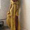 Sommerliches, figurbetontes, durchsichtiges, sexy Hot-Girl-Kleid, elegantes, einfarbiges V-Ausschnitt-Kleid mit Trägern, langen Ärmeln, Rüschen, Schlitz und langem Rock