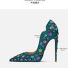 2025 Spring New High Heels Women's Embroidered Beaded Black Sexy Queen's Heel 10-12cm Pointed