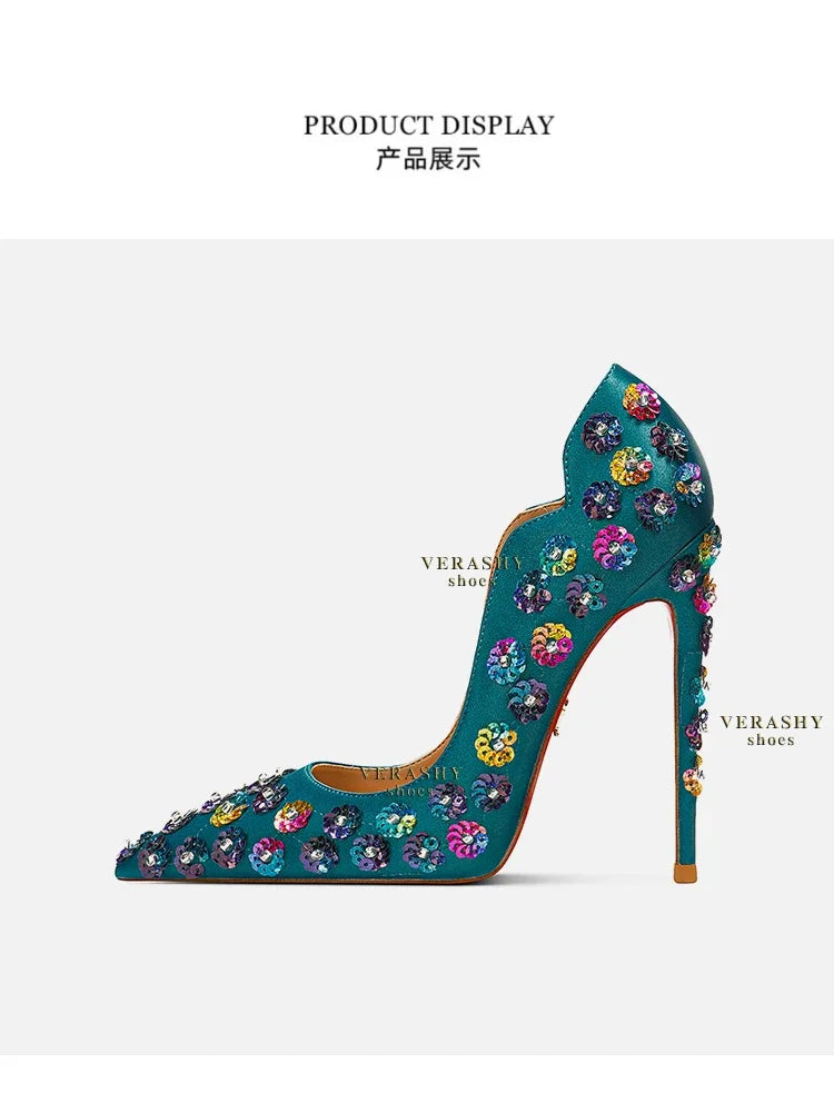 2025 Spring New High Heels Women's Embroidered Beaded Black Sexy Queen's Heel 10-12cm Pointed