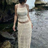 Weird Puss Mesh Backless 2 Piece Set Women Halter Lace-Up See Through Crop Tops+Loose Elegant Long Skirts Vacation Trend Outfits