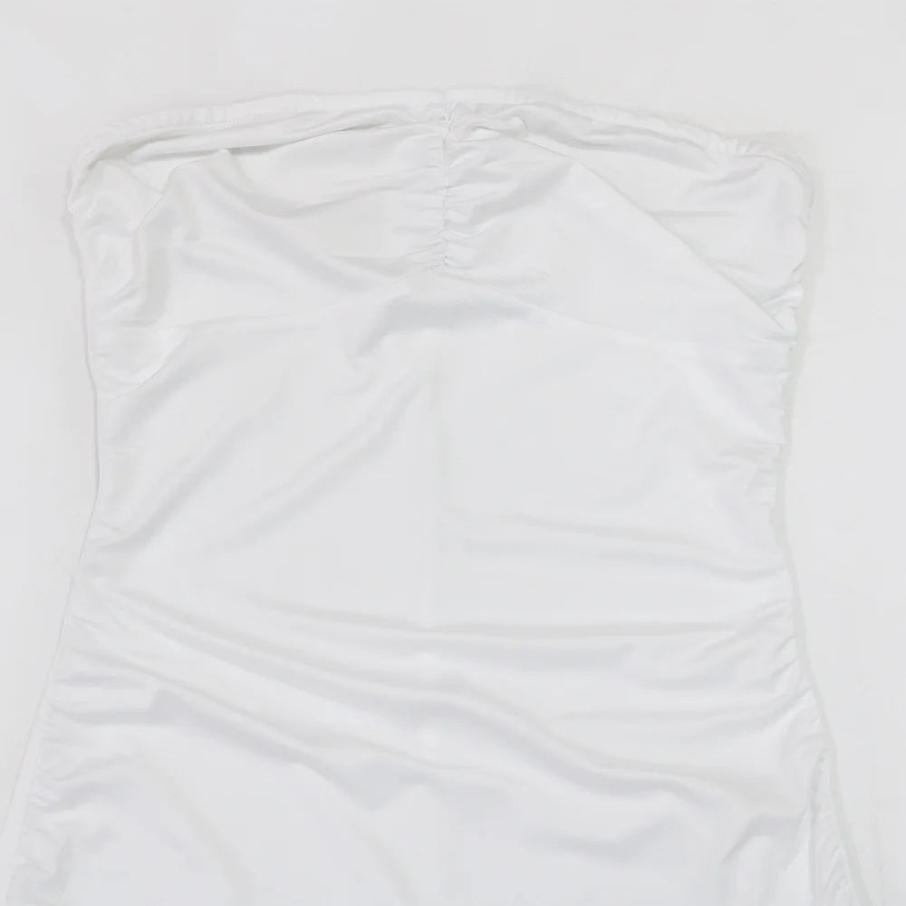 CM.YAYA Women Strapless Sleeveless Ruched Stacked Mini Dress 2025 Summer Beach Vacation Party Birthday Street Sexy Dresses