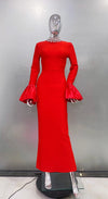 STOCK Shining Diamonds Neck Flare Sleeve Black Long Bandage Dress Elegant Woman Evening Party Dress Cocktail Party Outfit