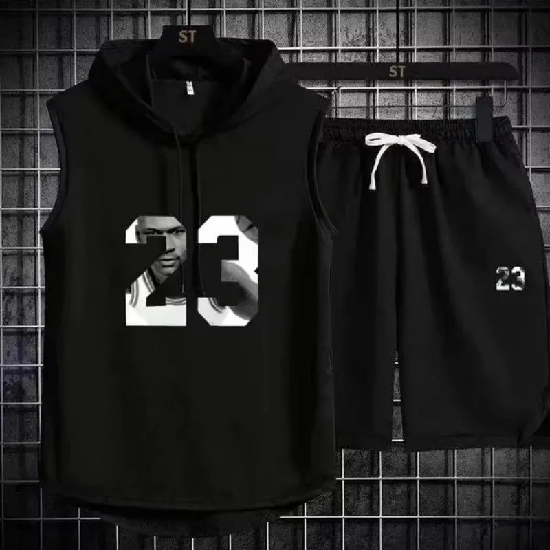 Summer New Men's Sleeveless Hooded T-shirt+shorts pants Sports two-piece set gym  Fashion  Casual Men Women Sports Two Piece Set