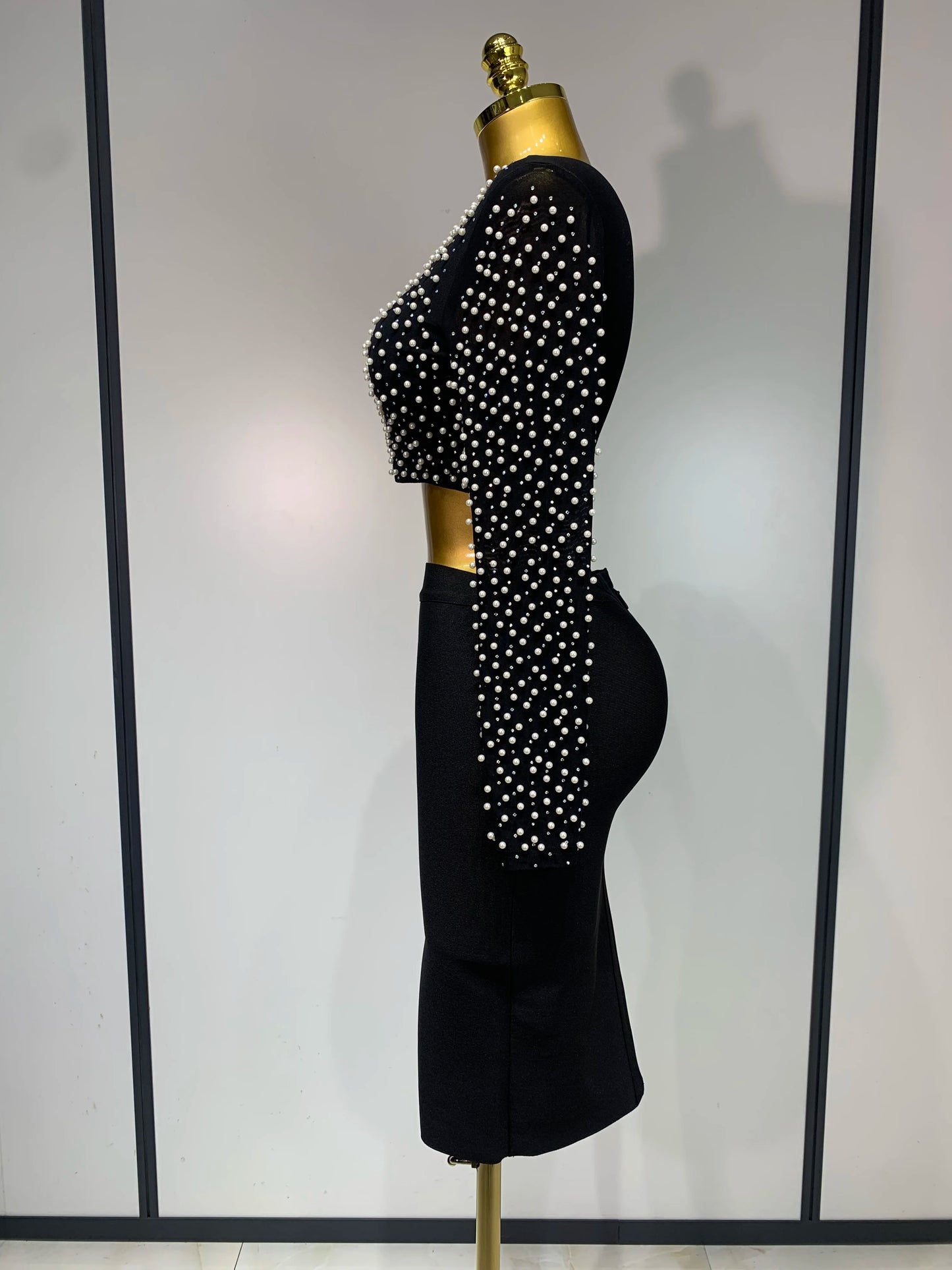 Damen Sexy Langarm Mesh Perlen Top Celebrity Midi Damen Bandage Set 2025 Designer Abendparty Luxus Geburtstag Zweiteiler Set