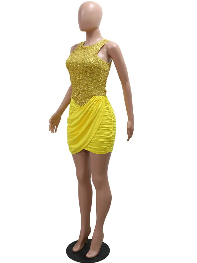 Kricesseen Yellow Sequins Patchwork Irregular Ruched Bodycon Birthday Dresses For Women O-Neck Sequins Night Out Dress Clubwear