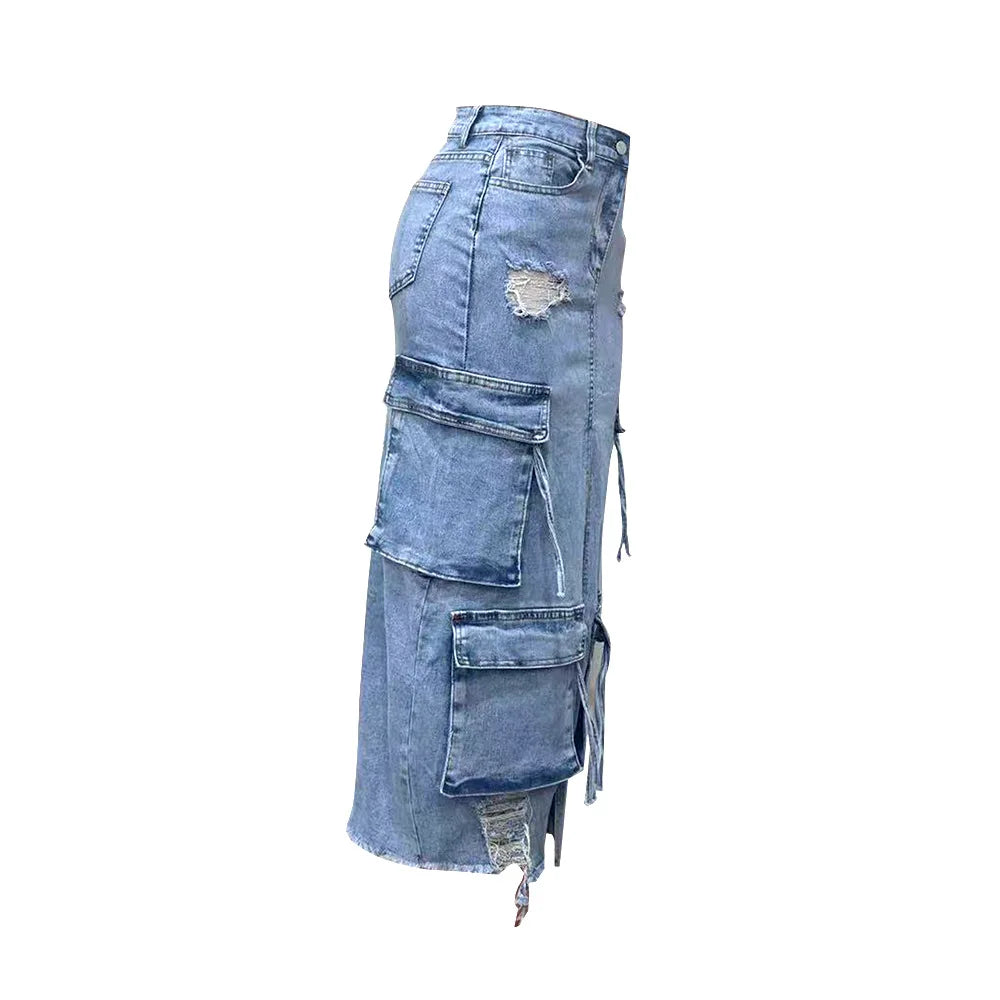 Mid Length Skirts Women Denim Skirt Hole Pockets A Line Slit Slim Y2k Streetwear Elegant Splice Y2k High Waist Summer 2025