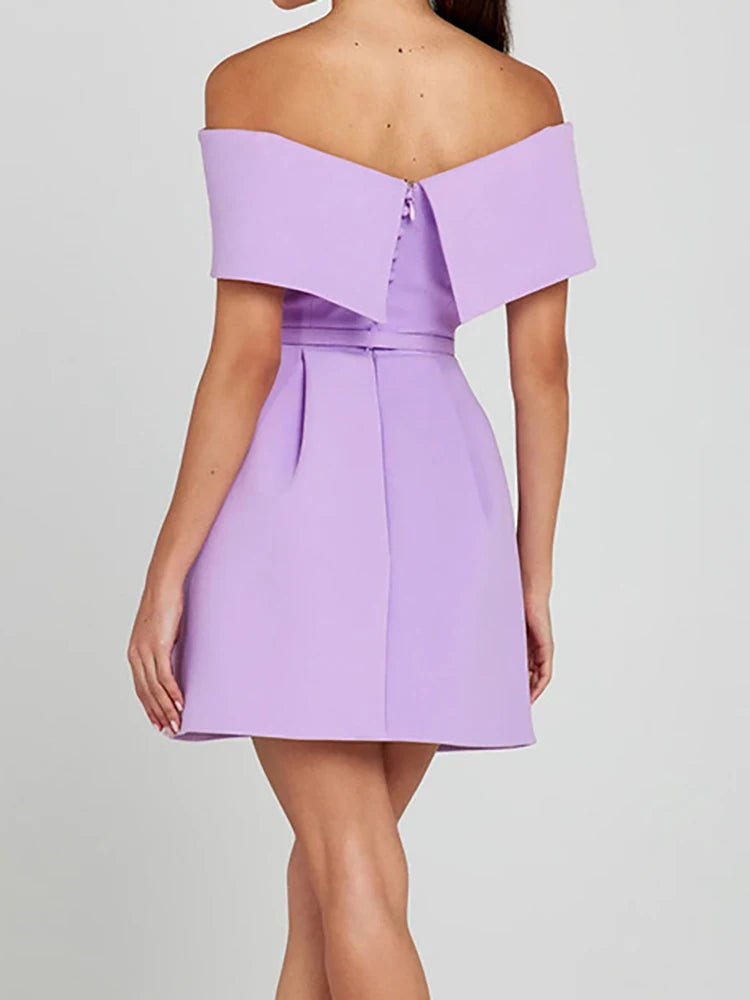 Women Belt Patchwork Short Sleeve Mini Dress, Spring Summer Fashion Slash Neck Party Dress, Solid Off The Shoulder Ladies Dress