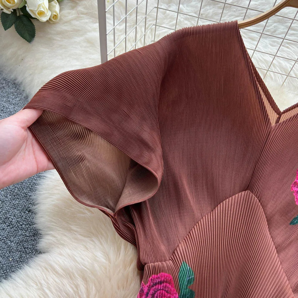 Two Pieces Women Dress Sets Solid Matching Sets V Neck Printing Top High Waist Pleat Dress Loose Fit Casual 2025 Autumn Winter