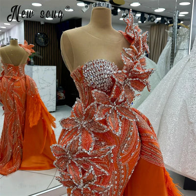 Luxurious Orange Formal Prom Party Dress Aso Ebi Wedding Engagement Gown 3D Lace Feather Long Celebrity Dress Customized 2025