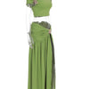 Beyprern Luxury Green Gold Broach Top & Maxi Skirt Set Two-Piece Dress Holiday Outfits Women High Slit Ruched Metal Bubble Dress