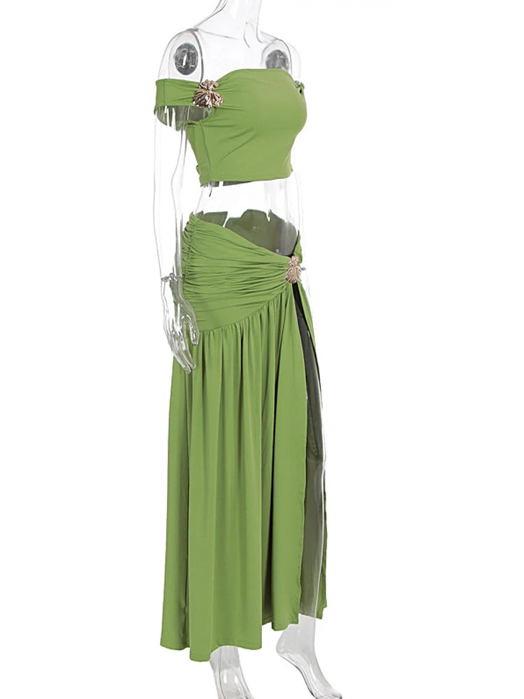 Beyprern Luxury Green Gold Broach Top & Maxi Skirt Set Two-Piece Dress Holiday Outfits Women High Slit Ruched Metal Bubble Dress