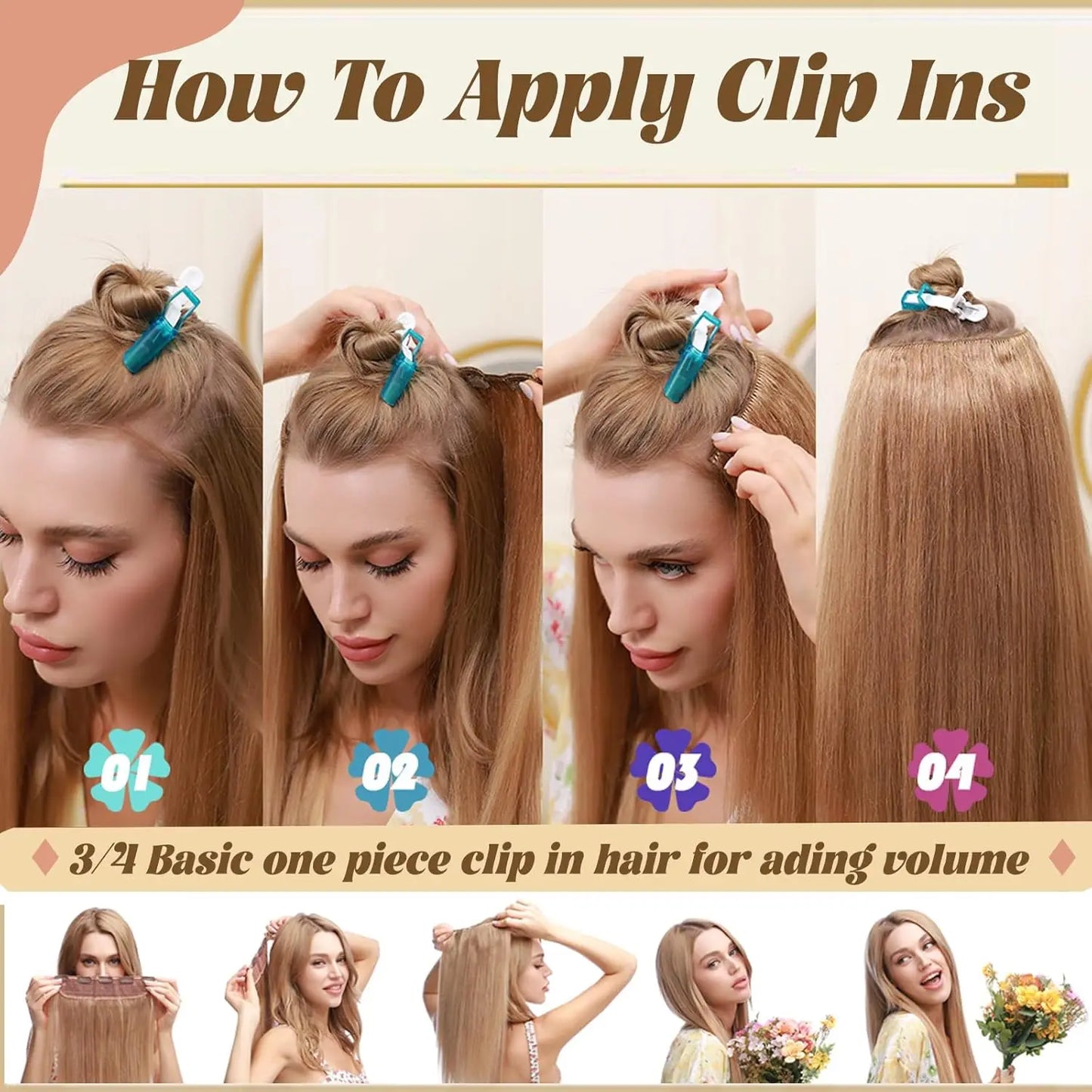 #6 Light Brown Bone Straight Clip In Hair Extensions 1 Piece 5 Clips Full Head One-Piece Clip In Human Hair Extensions 100G/Set