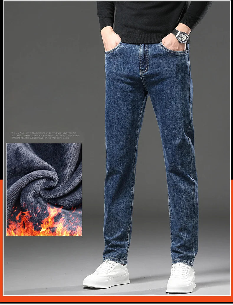 Winter Fleece Dicke Warme Jeans Herren Slim Straight Elastische Denim-Hose Lässige Herrenbekleidung Mode Plüschhose