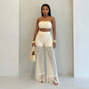 HLJ Casual Crochet Knit Women 2 Piece Outfits Strapless Bandeau Crop Top + Tassel Mesh Wide Leg Pants Matching Streetwear Summer