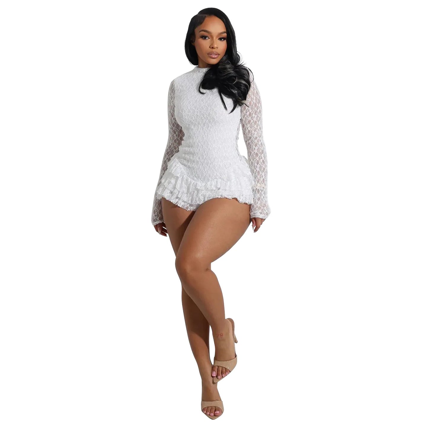 CM.YAYA Damen Langarm Spitze Rüschen geraffte hohe Taille kurzer Jumpsuit Streetwear Rückenfrei Einteiler Strampler Overall
