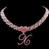 Hip Hop Bling Pink Crystal Cursive Initial Letter Cuban Necklace for Women Iced Out Paved Cuban Chain Necklace Choker Jewelry