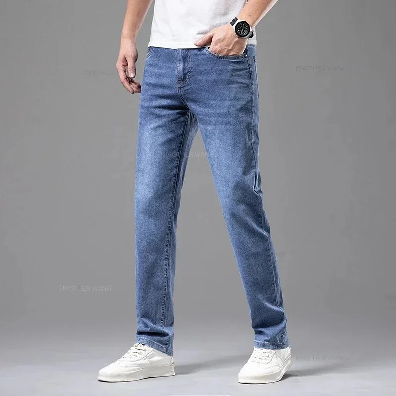 Sommer elastische Herrenjeans Mode Grau Bequeme Business Straight Stretch Baumwolle Casual Denim Hose Marke Männliche Dünne Hosen