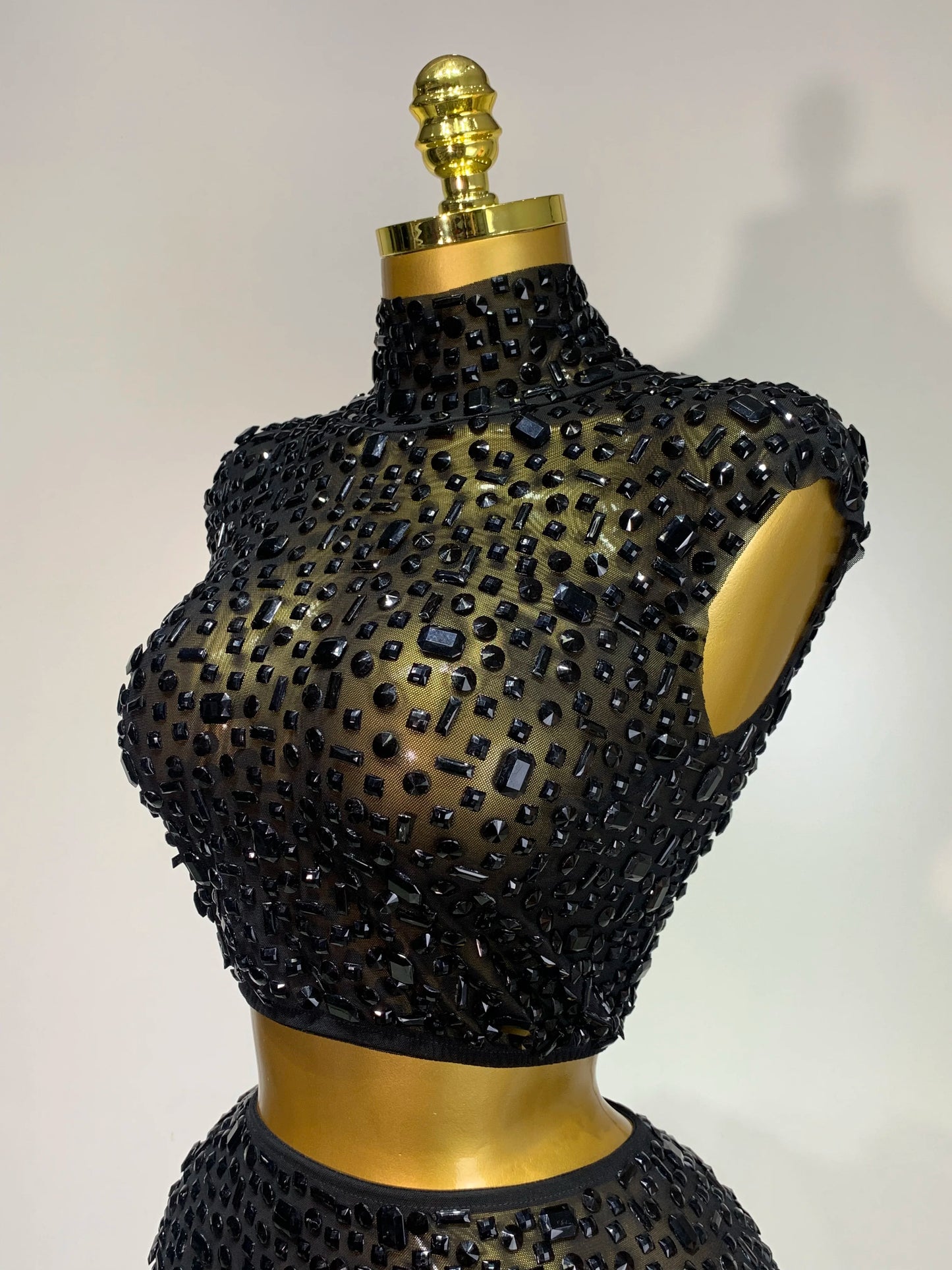 Luxury Rhinestone Mesh See Through Celebrate Birthday Dress Sparkly Top Short Skirt Two Pieces Sets Performance Stage Costume