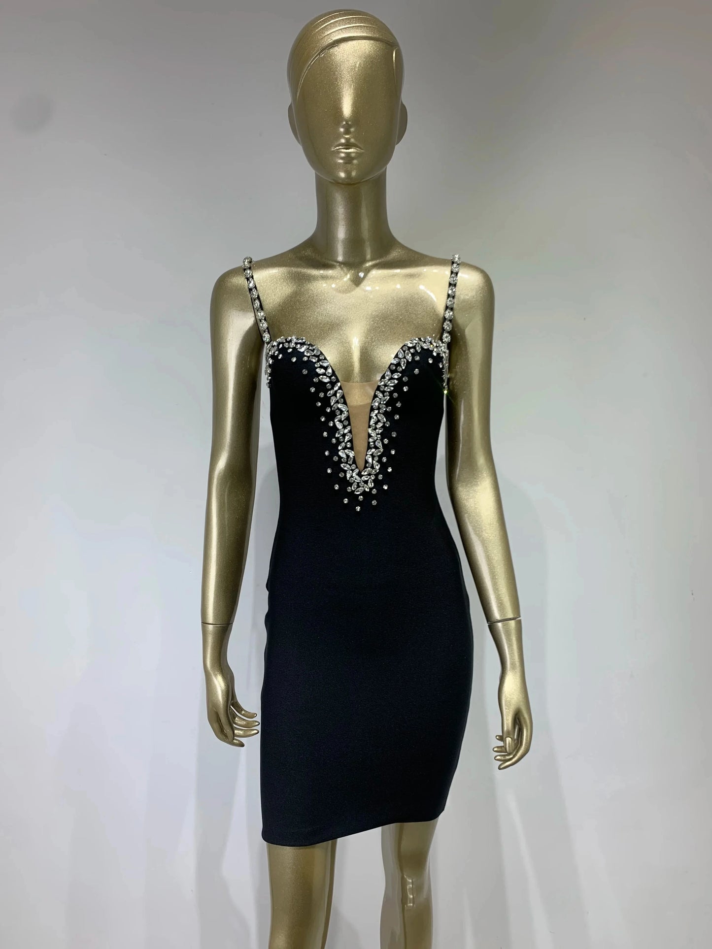 2024 Neues schwarzes Bandagenkleid Damen elastisch Kristall Spaghettiträger tiefer V-Ausschnitt Bodycon Mini Celebrity Abend Club Party Kleider