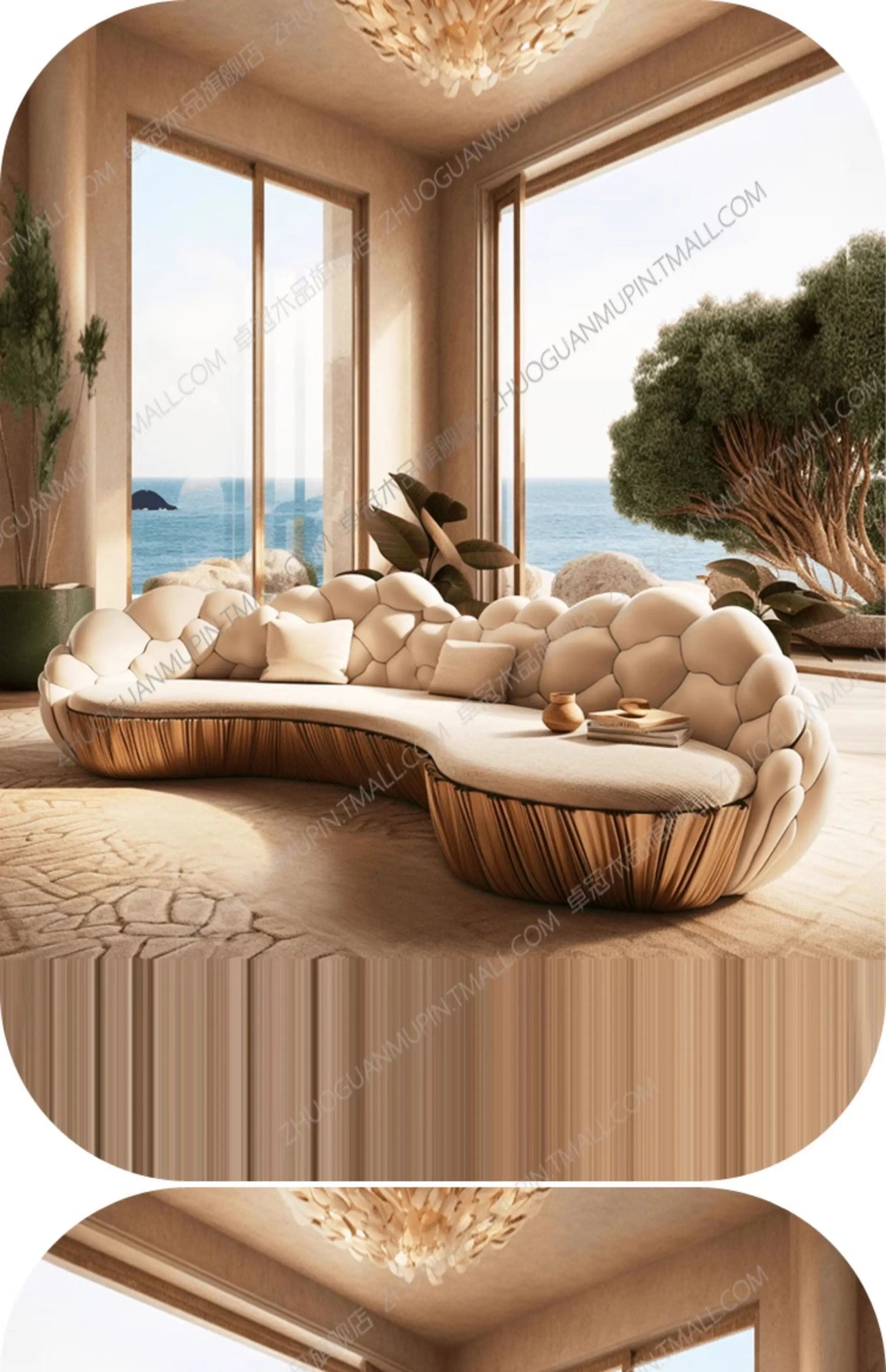 Französisches, leicht luxuriöses, halbkreisförmiges, geschwungenes Villa Wohnzimmer, kreatives Sofa, cremefarben, speziell geformt, Massivholz