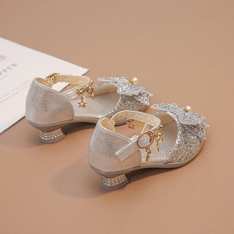 Girls Leather Shoes High Heeled for Wedding Party Glitter Rhinestone with Bow-knot Kids Dress High Heels Pendant Bling Sparkling