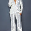 Sequin Blazer V-Neck Two Piece Pant Suit Set