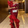 AOMEI Women Party Dress Off Shoulder One Sleeve Tiered Ruffle Slit Long Burgundy Lace Christmas Birthday Elegant Prom Event Gown