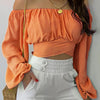 Women Sexy Off Shoulder Printing Blouses Chic and Elegant Lantern Long Sleeve Lace Up Bow Cropped Tops Casual Slim Shirts 2023