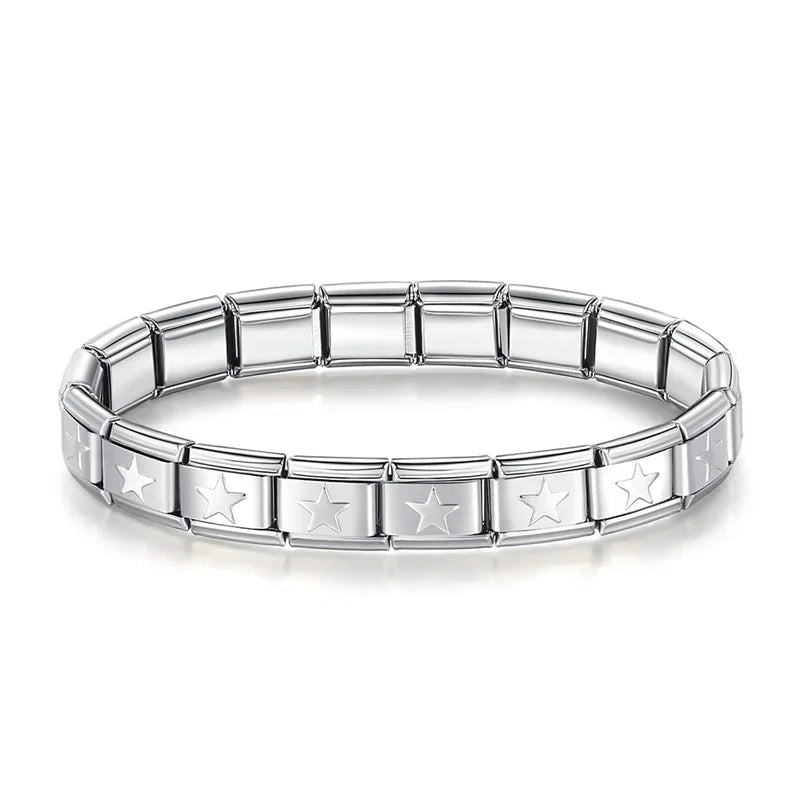 Hapiship 2024 Women's Jewelry 9mm Width Itanlian Elastic Star Heart Butterfly Charm Bracelet Fashion Stainless Steel Bangle ST-