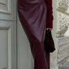 Trendix Women Elegant Burgundy Skirt High Waist Slim Fashion Slit Long Skirts Female Party Slim Club Sexy Vintage PU Skirts 2024