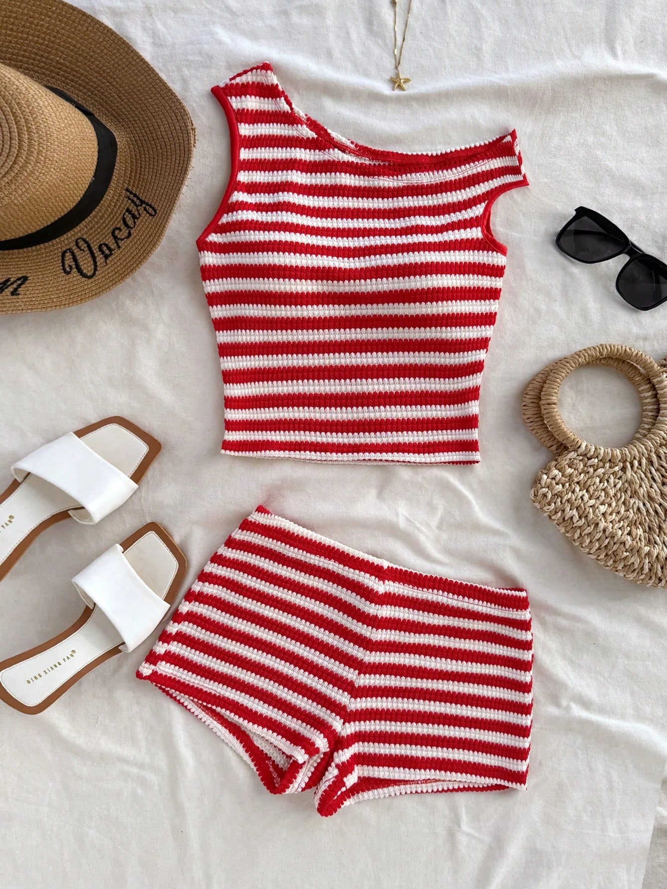 European and American striped vest shorts set, summer knitted hot pants top two-piece set