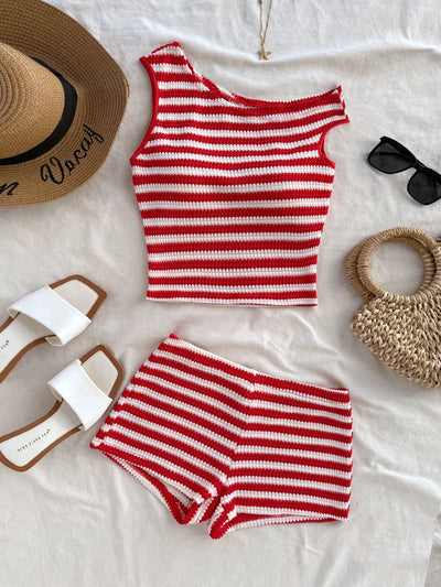 European and American striped vest shorts set, summer knitted hot pants top two-piece set