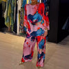 Casual Sets for Women 2 pieces Summer Fashion Printed Satin Two Piece Sets Women Sexy Round Neck Top+Wide Leg Long Pants Outfits