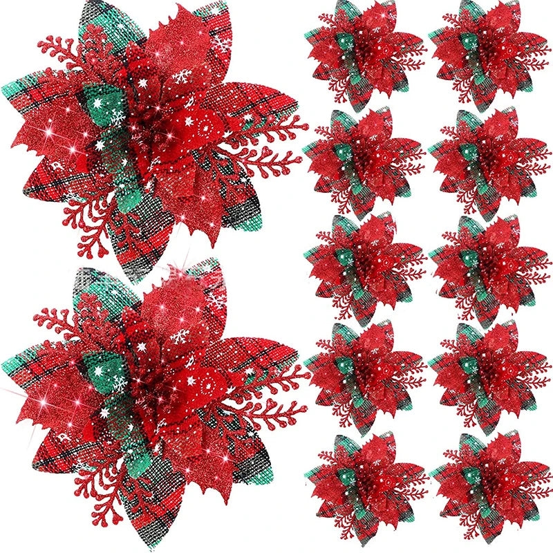 5 Stück 14,5 cm Glitzer künstliche Weihnachtsblumen fröhliche Weihnachtsbaumdekoration Neujahrsornamente gefälschte Blumen Weihnachten Natal