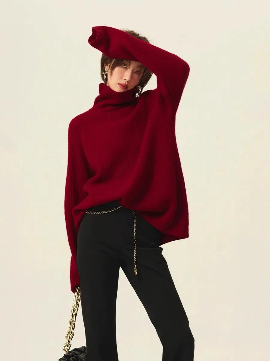 Rollkragenpullover 100% Kaschmir Pullover Damen lose verdickend Anti-Aging Nische Vintage Roter Rundhals-Pullover Damen Langarm