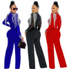 Women Jumpsuit Solid High Collar Hot Drill Mesh Shoulder Cotton Long Sleeves Long Straight Jumpsuit Sexy Party Outfits