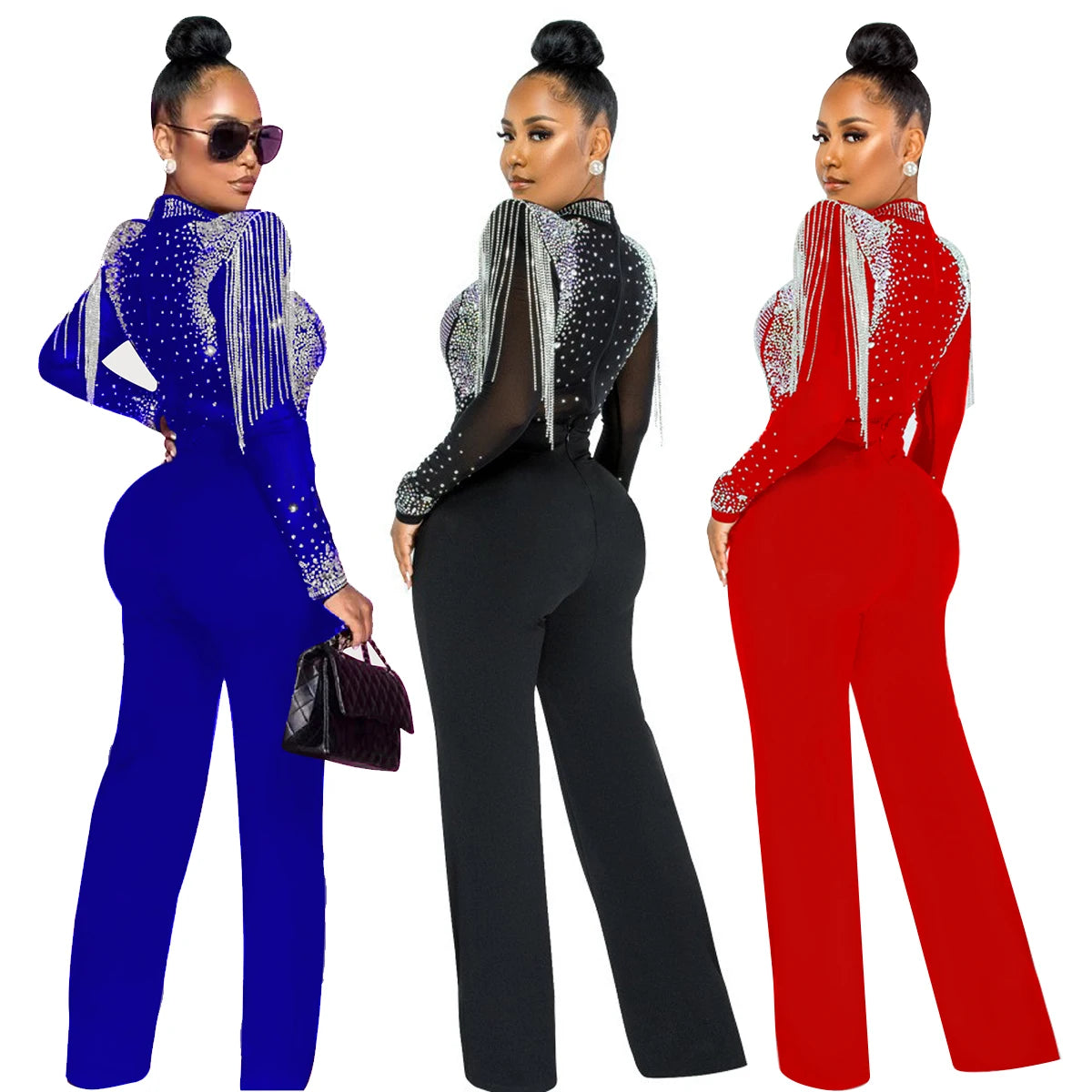 Women Jumpsuit Solid High Collar Hot Drill Mesh Shoulder Cotton Long Sleeves Long Straight Jumpsuit Sexy Party Outfits