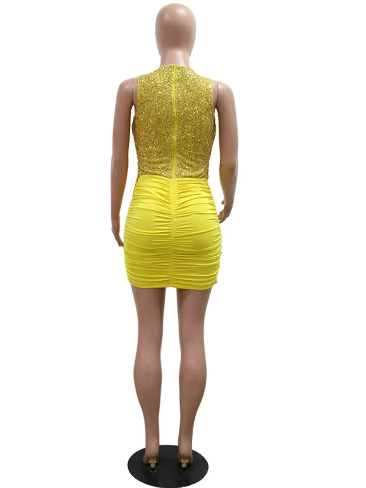 Kricesseen Yellow Sequins Patchwork Irregular Ruched Bodycon Birthday Dresses For Women O-Neck Sequins Night Out Dress Clubwear