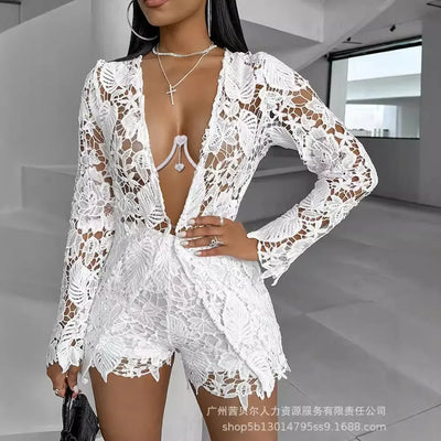 Women Sexy Short Sets Hollow Out Top Lace Spliced Full Sleeve Cardigan Solid Elegant Slim Fit Shirts High Street Summer 2024