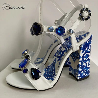 Luxus Diamant Kristall Dekor Moderne Sandalen Frauen Blau-Weiß-Porzellan-Print Knöchelriemen Sommerschuhe Für Mädchen
