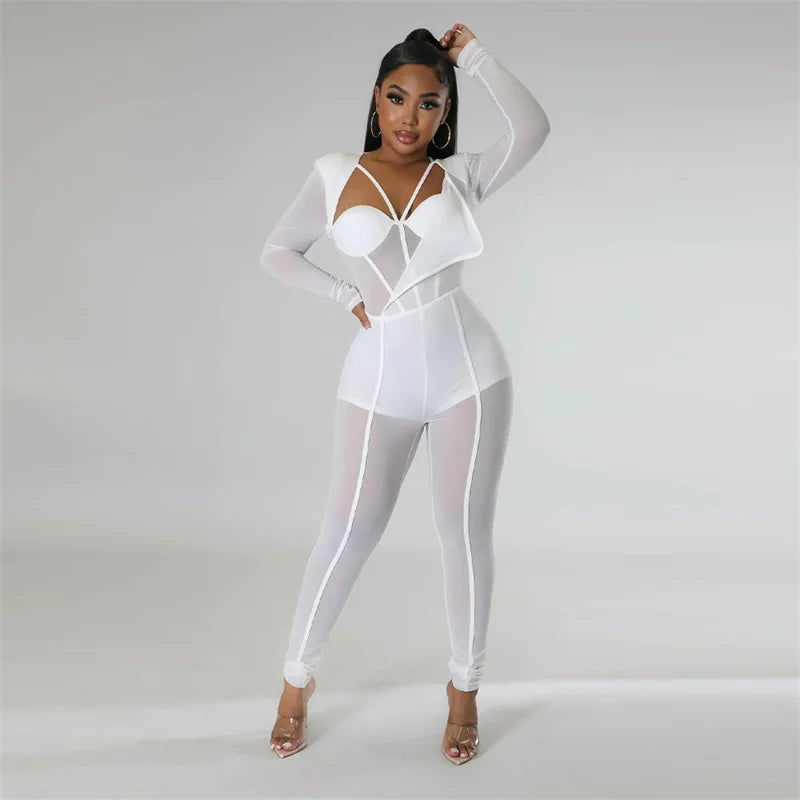 Sexy Mesh Patchwork Transparenter Club-Bodycon-Jumpsuit für Damen, durchsichtiger Einteiler-Overall, Clubwear, Party-, Geburtstagsoutfits