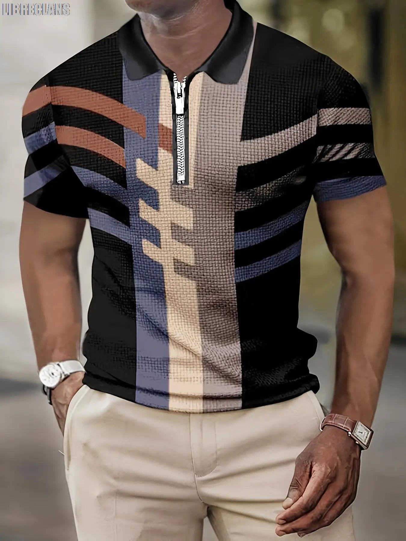 2023 New Men's Short-Sleeved POLO Shirt Summer Retro Striped 3D Printed Top Zipper Lapel Slim POLO Men's Casual Clothing