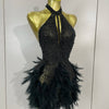 Women Luxury Rhinestones Pearls Feathers Halter Backless Short Dress Women Sexy Celebrate Birthday Dress Nightclub Stage Costume