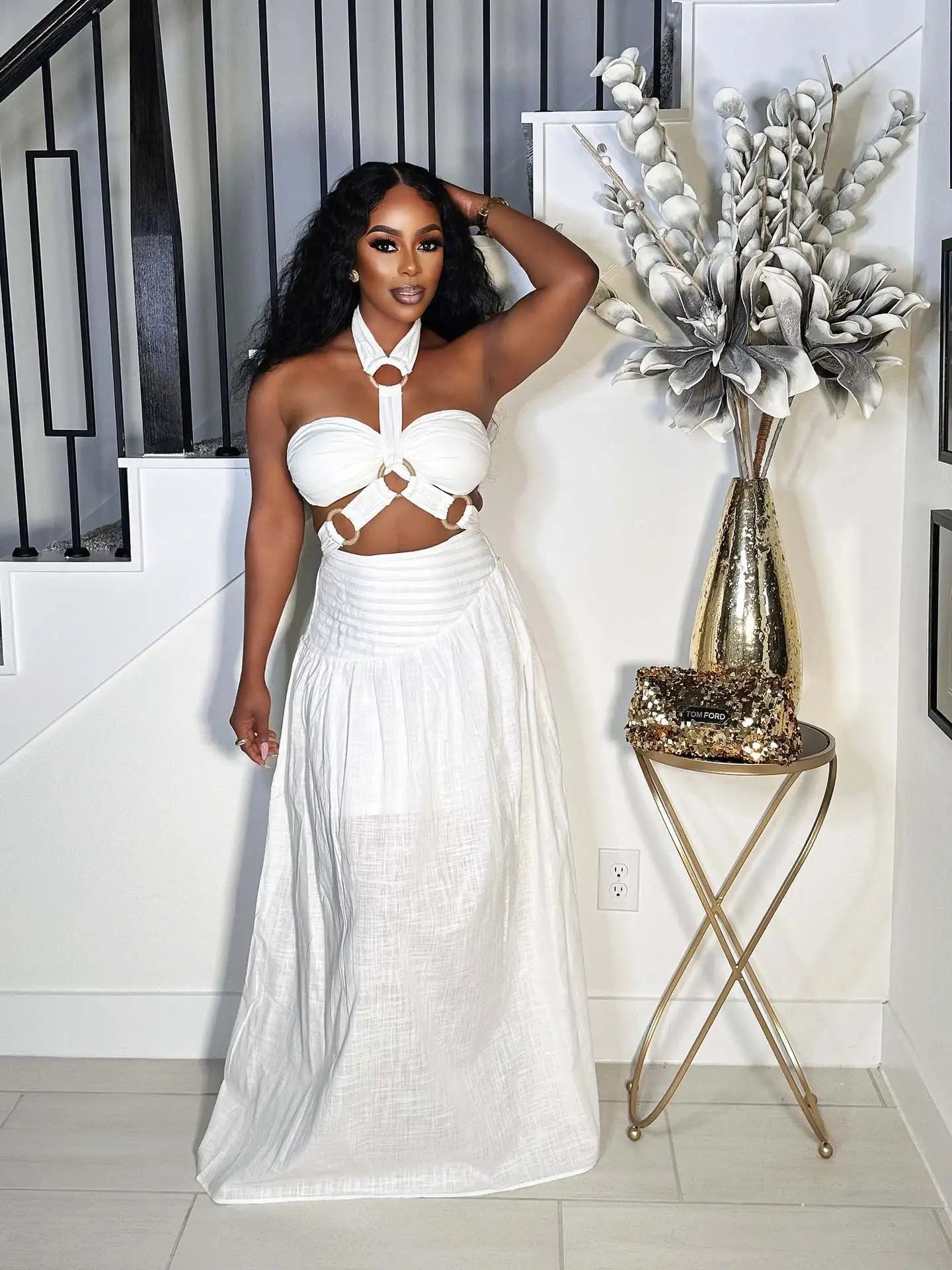 CM.YAYA Women's Dress Set Sleeveless Halter Tops and Long Skirts Suit Elegant Tracksuit Party Beach Two 2 Piece Set Outfits