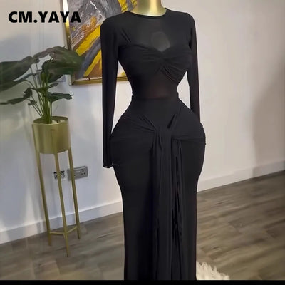 CM.YAYA Damen Mesh Durchsichtig Langarm Maxi Schleife Langes Kleid 2025 Abend Sexy Club Party Abend High Street Kleider