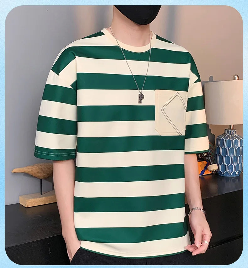 Casual Short Sleeve T Shirt Men'S For 2025 Summer Tshirt Top Tees Striped Brand Fashion HIP HOP Clothes OverSize 3XL T-Shirt