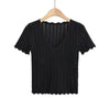 Damen V-Ausschnitt gestricktes Häkel-T-Shirt mit