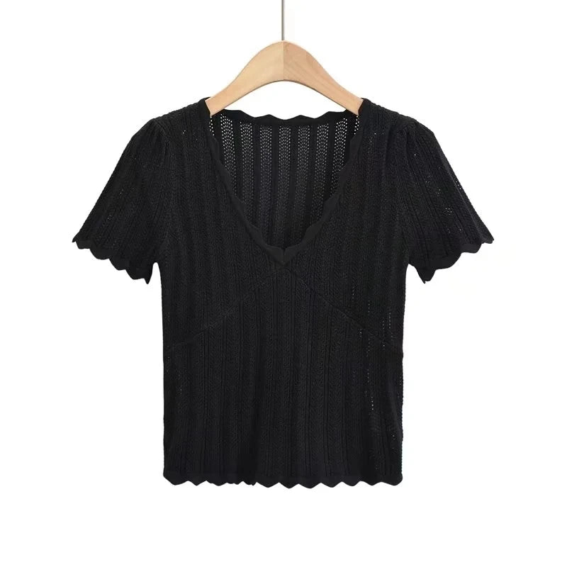 Damen V-Ausschnitt gestricktes Häkel-T-Shirt mit