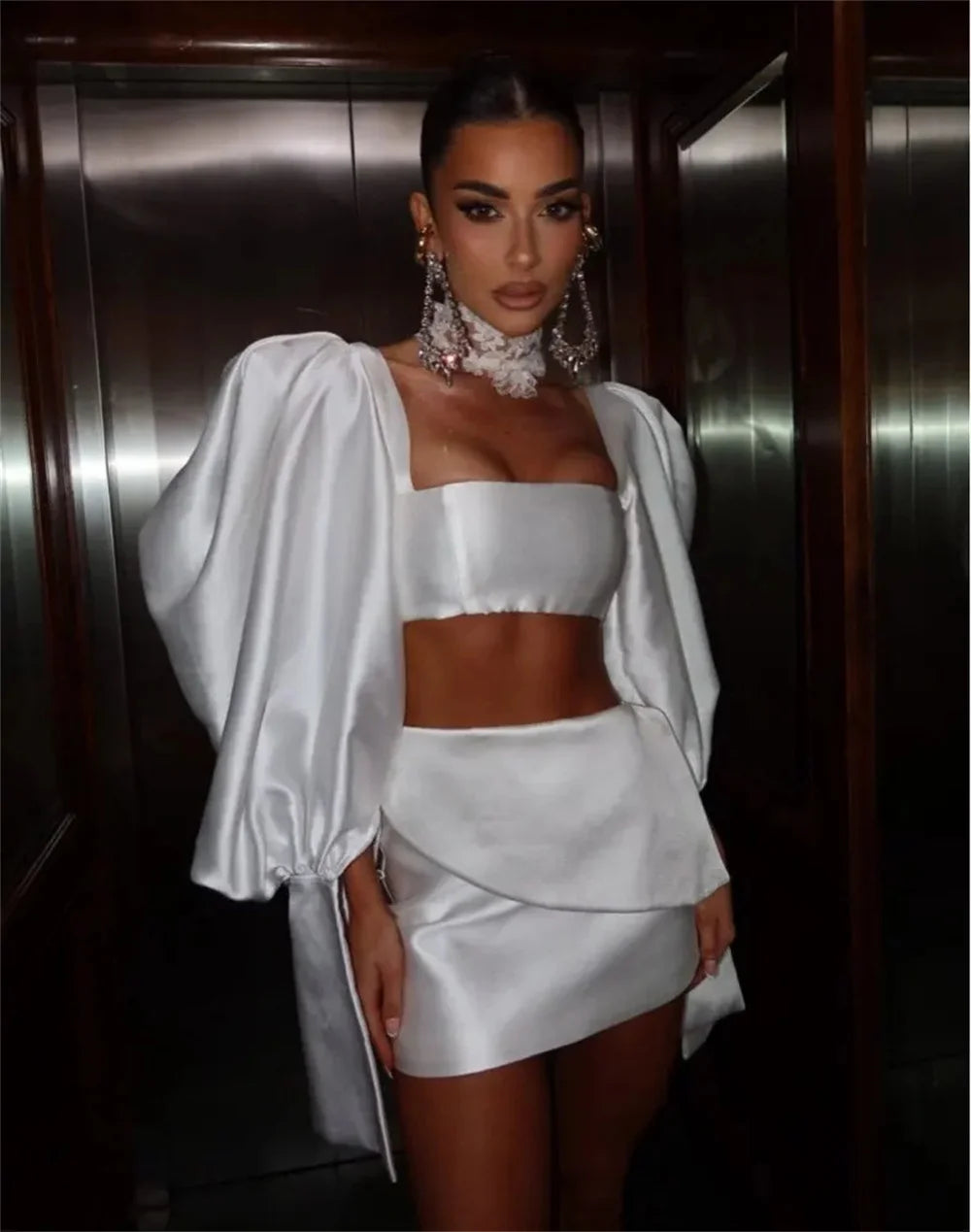 Bafftafe 2 Pieces Satin Prom Party Dresses Puff Long Sleeves Above Knee Customized Bride Gowns Special Wedding Photography Wear