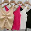 New Summer Women Drawstring Front Ribbed Knit Tops Femme Sexy V Neck Sleeveless Crop Top Clothes High Stretch Split Cropped Tank